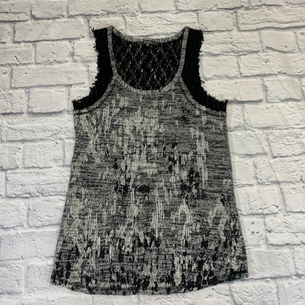 Miss Me lace sparkle tank top shirt Gray silver black Medium Boho